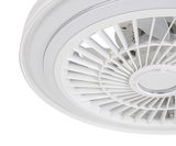 Nahaufnahme eines weißen Deckenventilators von unten, der die Lüfterblätter und das Gehäuse zeigt.