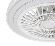 Nahaufnahme eines weißen Deckenventilators von unten, der die Lüfterblätter und das Gehäuse zeigt.