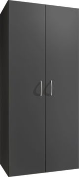 Schwarzer Mehrzweckschrank mit zwei Türen und silbernen Griffen, Frontalansicht
