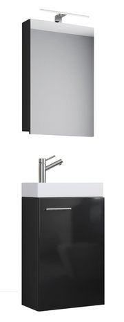 Modernes Badmöbel-Set in Schwarz mit weißem Aufsatzwaschbecken und Spiegelschrank mit LED-Aufsatzleuchte, perspektivische Frontansicht leicht von links