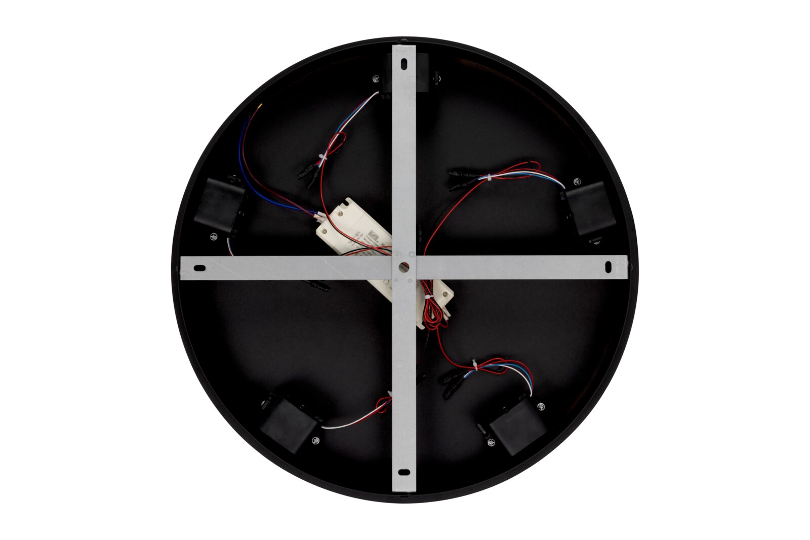 Ronde LED-hanglamp van onderaf gezien, met zicht op de interne bedrading en metalen steunen.