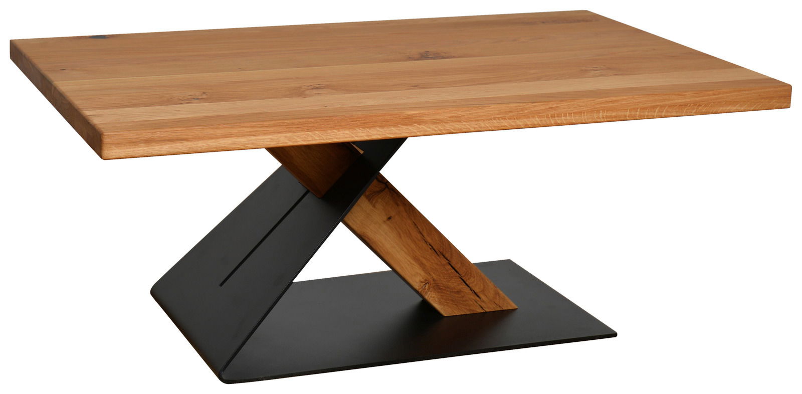 Moderner Couchtisch aus Holz mit einzigartigem X-förmigem Metallgestell, seitliche Perspektive