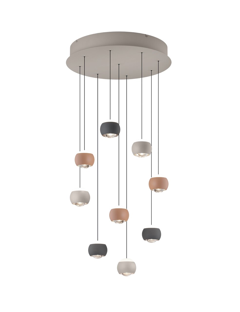 Moderne hanglamp met meerdere gekleurde lampenkappen, gezien van onderaf.