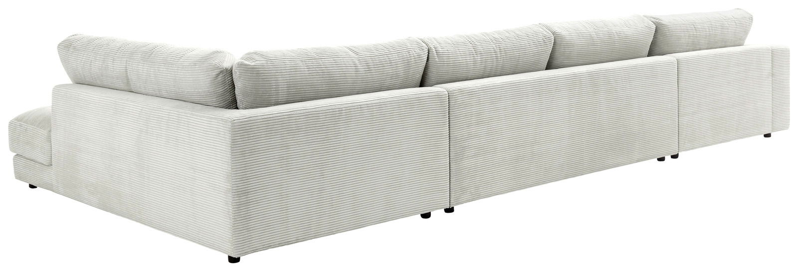 Rückansicht eines großen, hellgrauen Ecksofas mit geripptem Stoffbezug und mehreren Rückenkissen.
