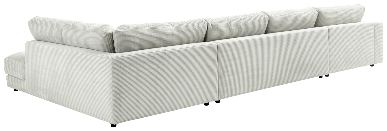 Rückansicht eines großen, hellgrauen Ecksofas mit geripptem Stoffbezug und mehreren Rückenkissen.