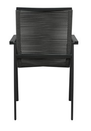 Rückansicht eines modernen Gartensessels mit schwarzem Metallrahmen und geflochtener Rückenlehne.