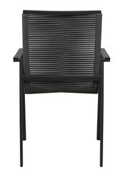 Rückansicht eines modernen Gartensessels mit schwarzem Metallrahmen und geflochtener Rückenlehne.