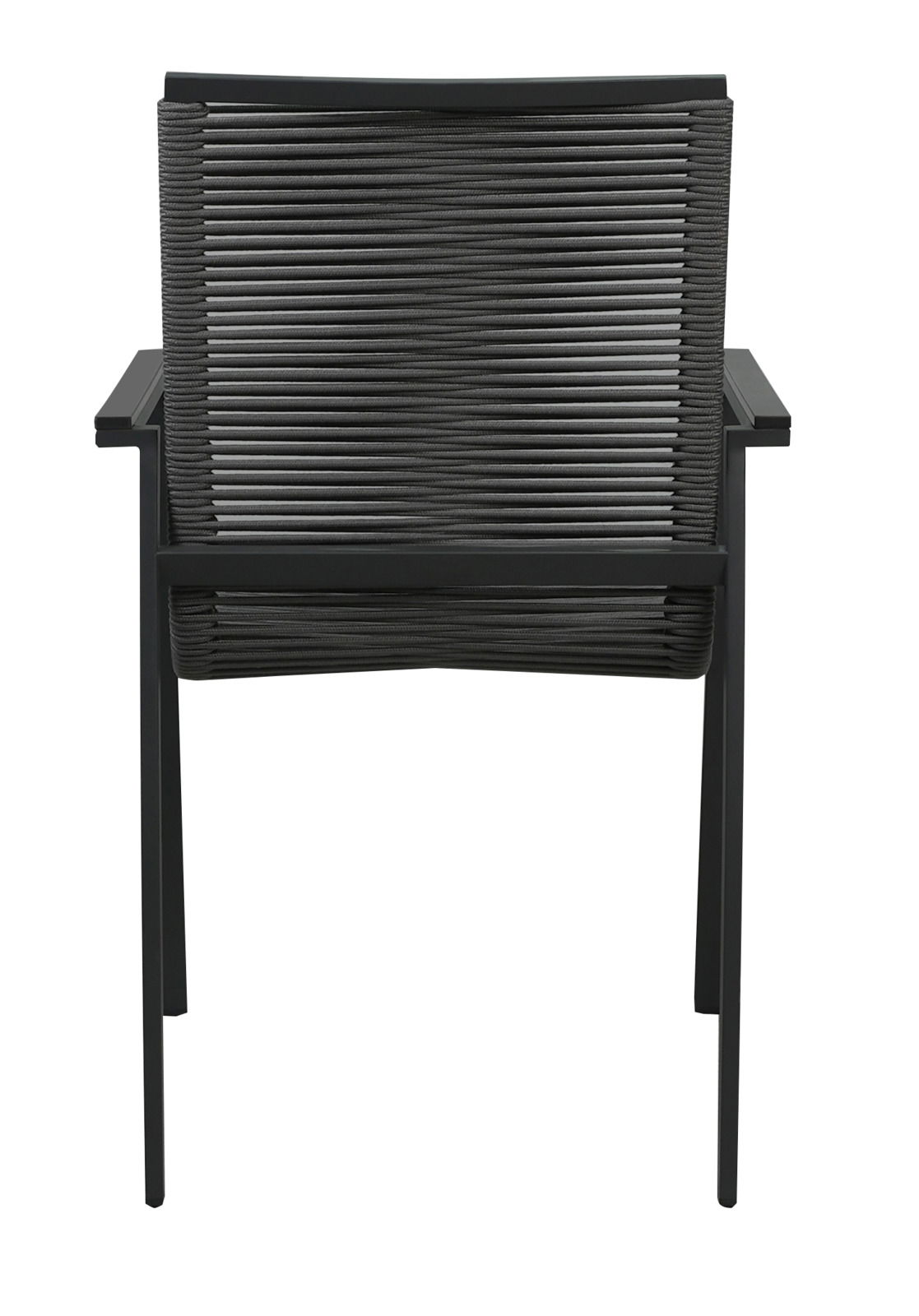 Rückansicht eines modernen Gartensessels mit schwarzem Metallrahmen und geflochtener Rückenlehne.