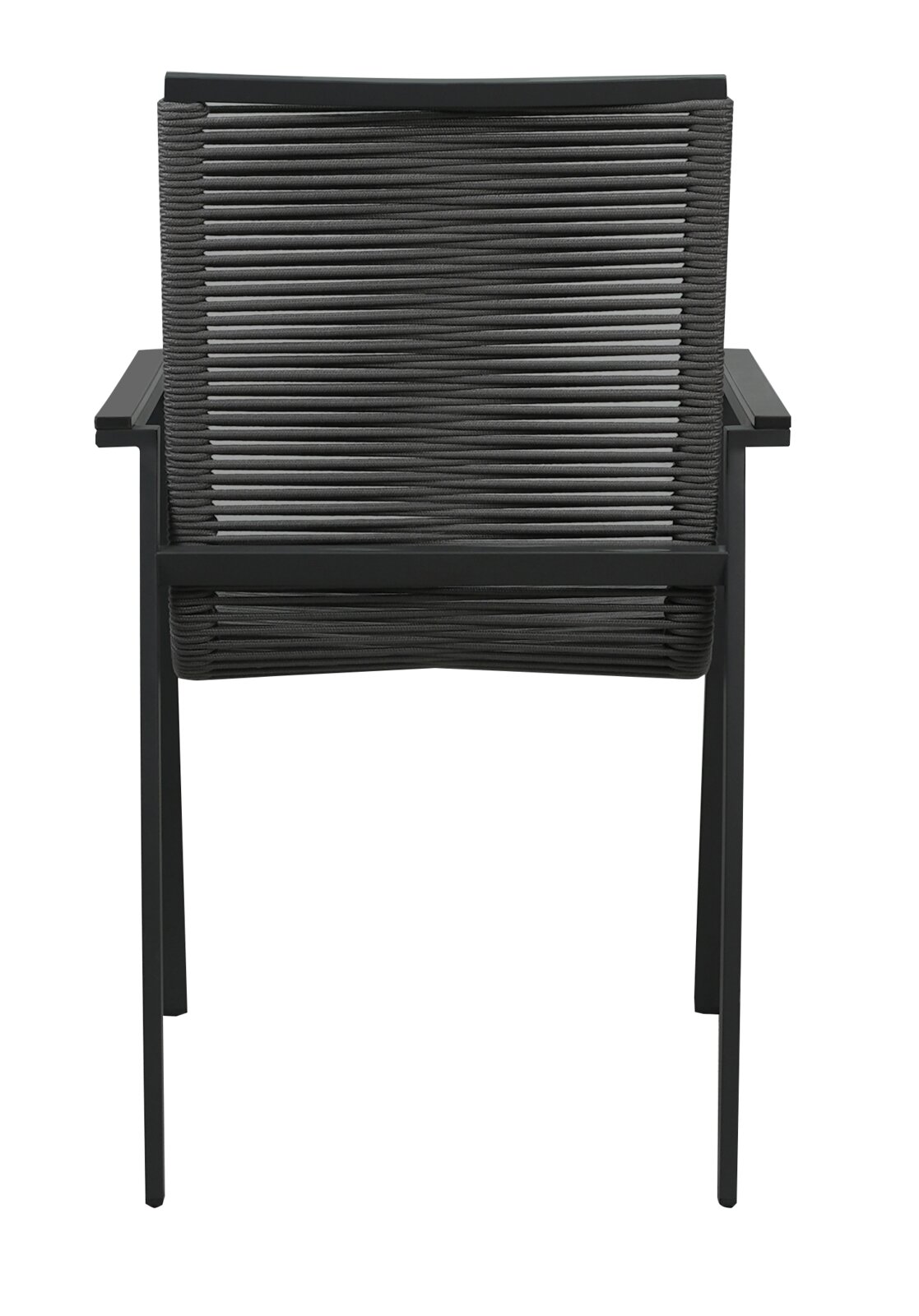 Achterkant van een moderne tuinstoel met een zwart metalen frame en een gevlochten rugleuning.