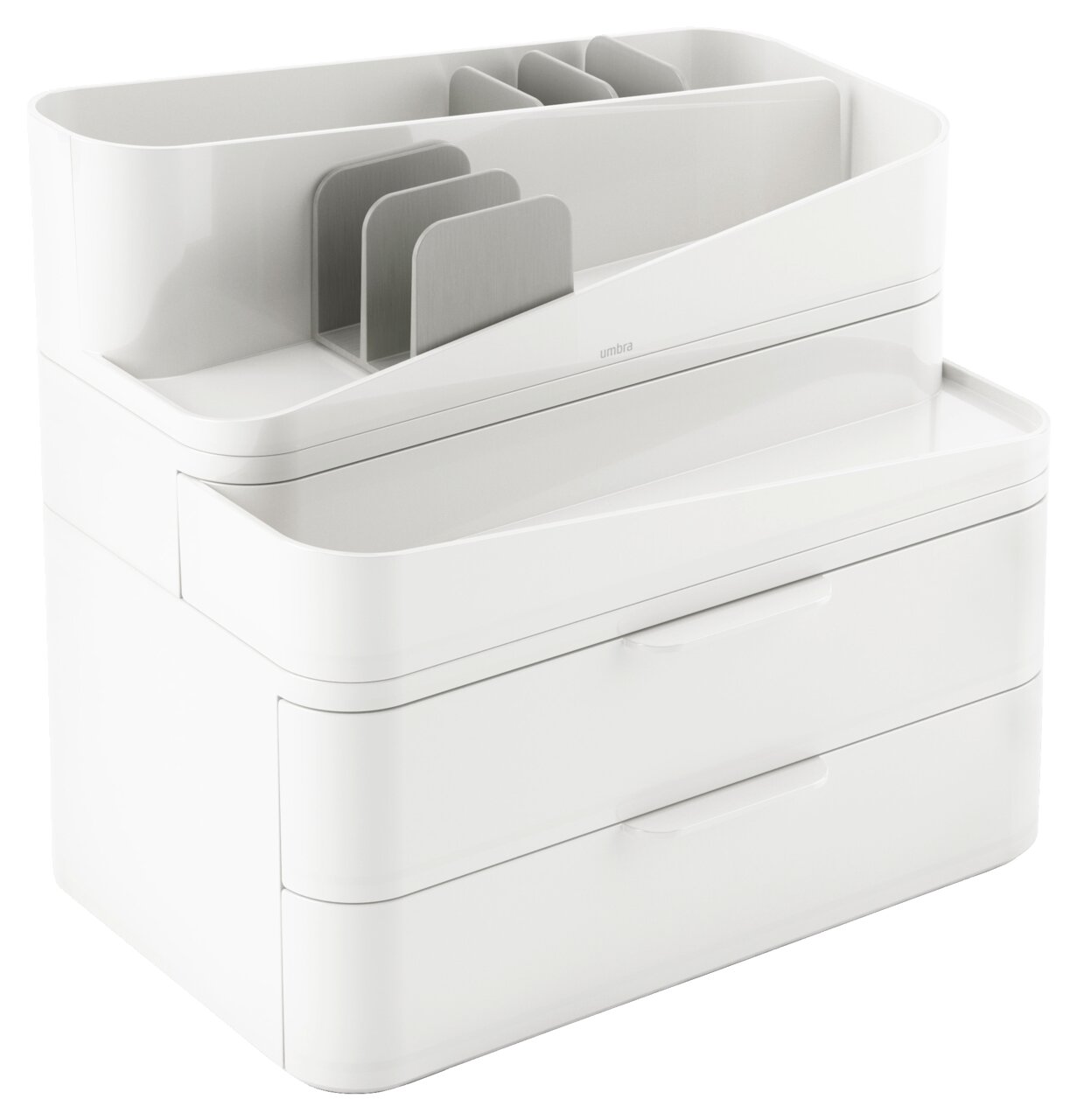 Großer weiß-grauer Glam-Organizer mit mehreren Fächern und Schubladen, seitliche Perspektive