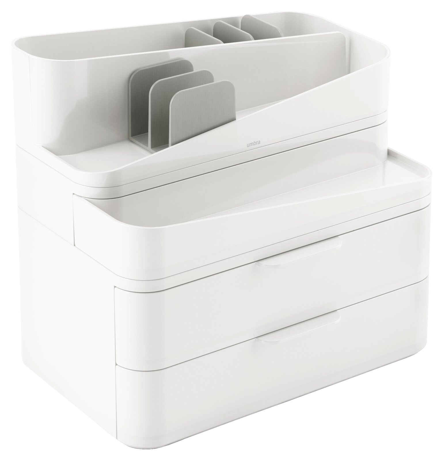 Umbra Organizer GLAM Großer weiß-grauer Glam-Organizer mit mehreren Fächern und Schubladen, seitliche Perspektive