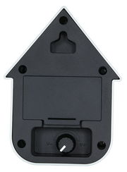 Rückansicht einer modernen weißen Soundbox in Form eines Hauses mit Lautstärkeregler und Wandhalterung.