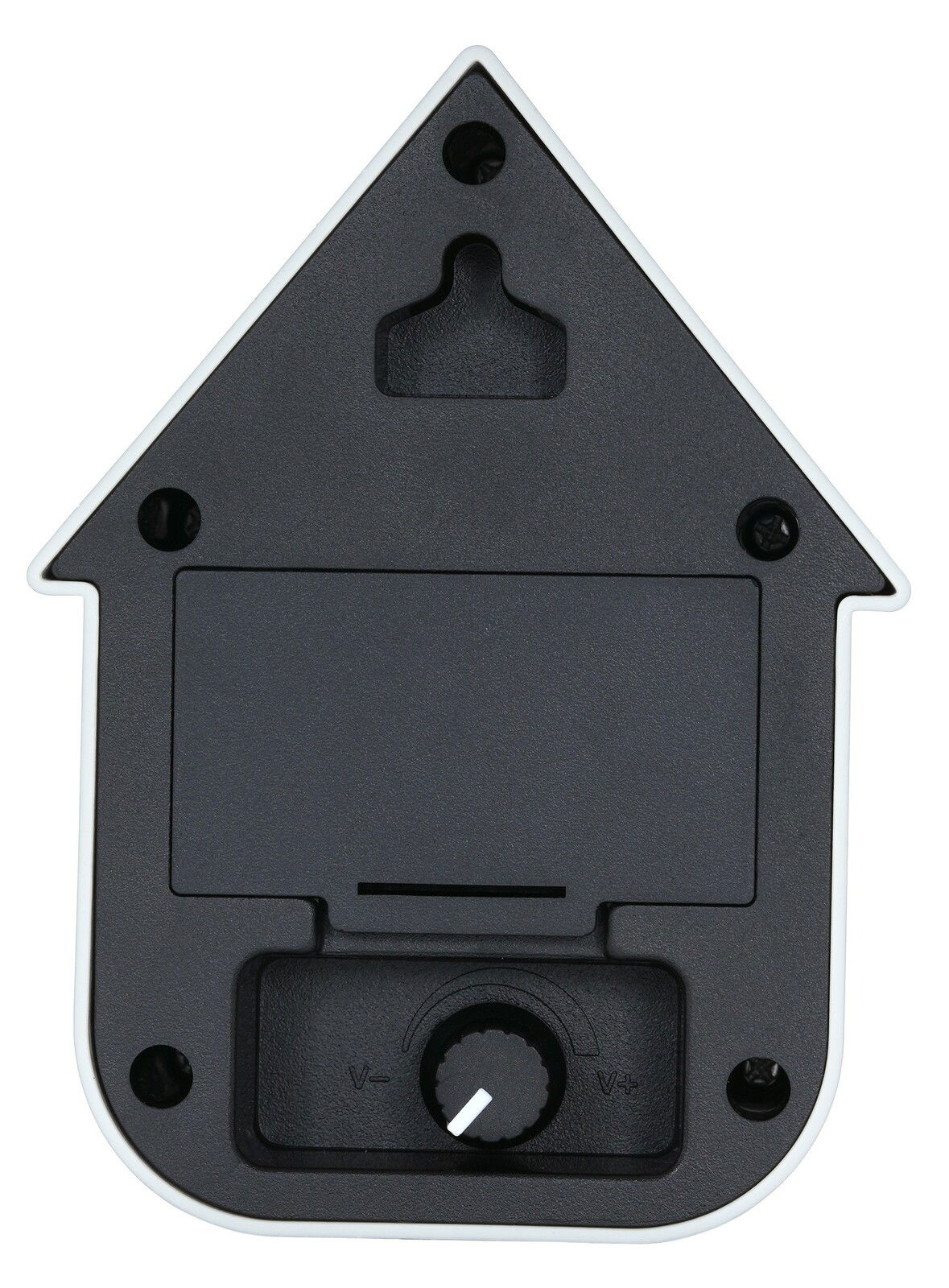 Rückansicht einer modernen weißen Soundbox in Form eines Hauses mit Lautstärkeregler und Wandhalterung.