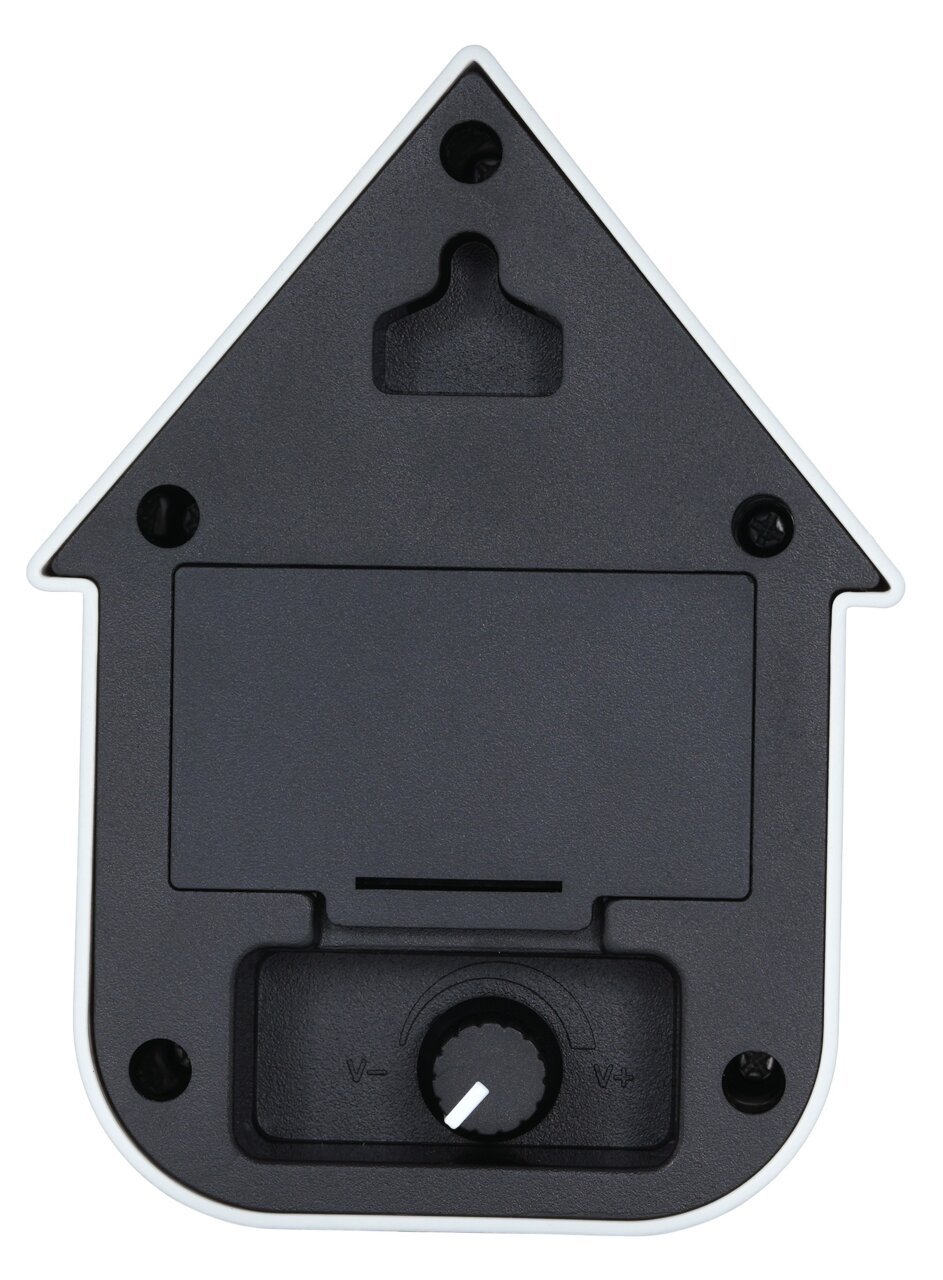 Rückansicht einer modernen weißen Soundbox in Form eines Hauses mit Lautstärkeregler und Wandhalterung.