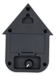 Rückansicht einer modernen weißen Soundbox in Form eines Hauses mit Lautstärkeregler und Wandhalterung.