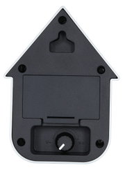 Rückansicht einer modernen weißen Soundbox in Form eines Hauses mit Lautstärkeregler und Wandhalterung.