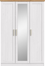 Weißer dreitüriger Kleiderschrank mit mittiger Spiegeltür, Holzkranz oben und hellen Griffen, Frontalansicht.