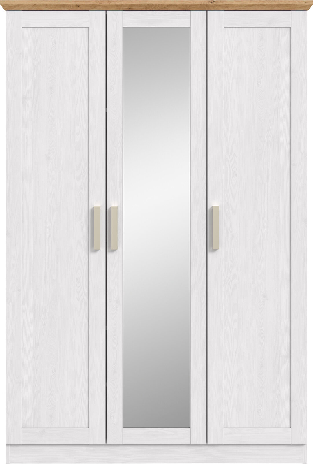 Weißer dreitüriger Kleiderschrank mit mittiger Spiegeltür, Holzkranz oben und hellen Griffen, Frontalansicht.