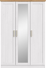 Weißer dreitüriger Kleiderschrank mit mittiger Spiegeltür, Holzkranz oben und hellen Griffen, Frontalansicht.