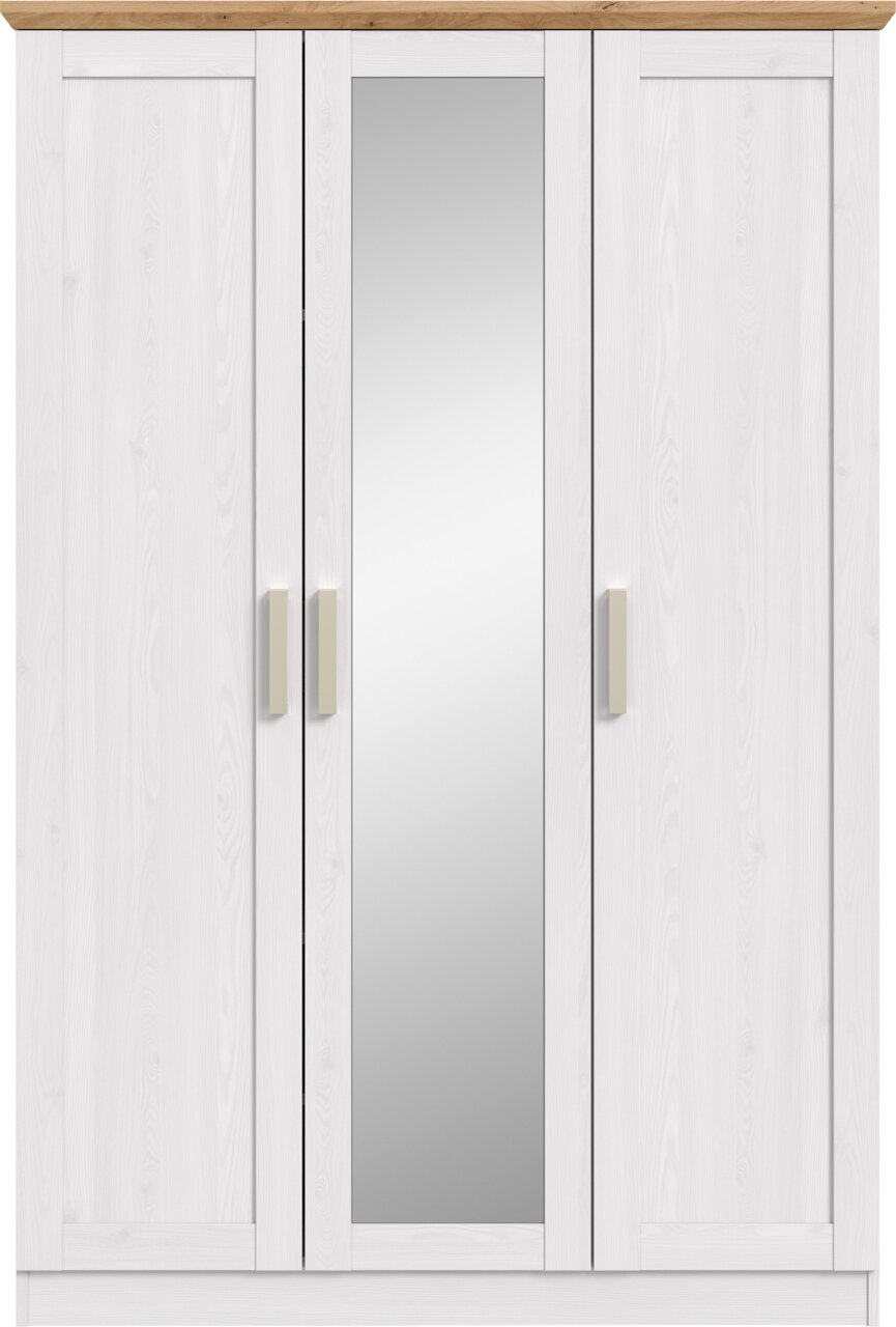 Weißer dreitüriger Kleiderschrank mit mittiger Spiegeltür, Holzkranz oben und hellen Griffen, Frontalansicht.
