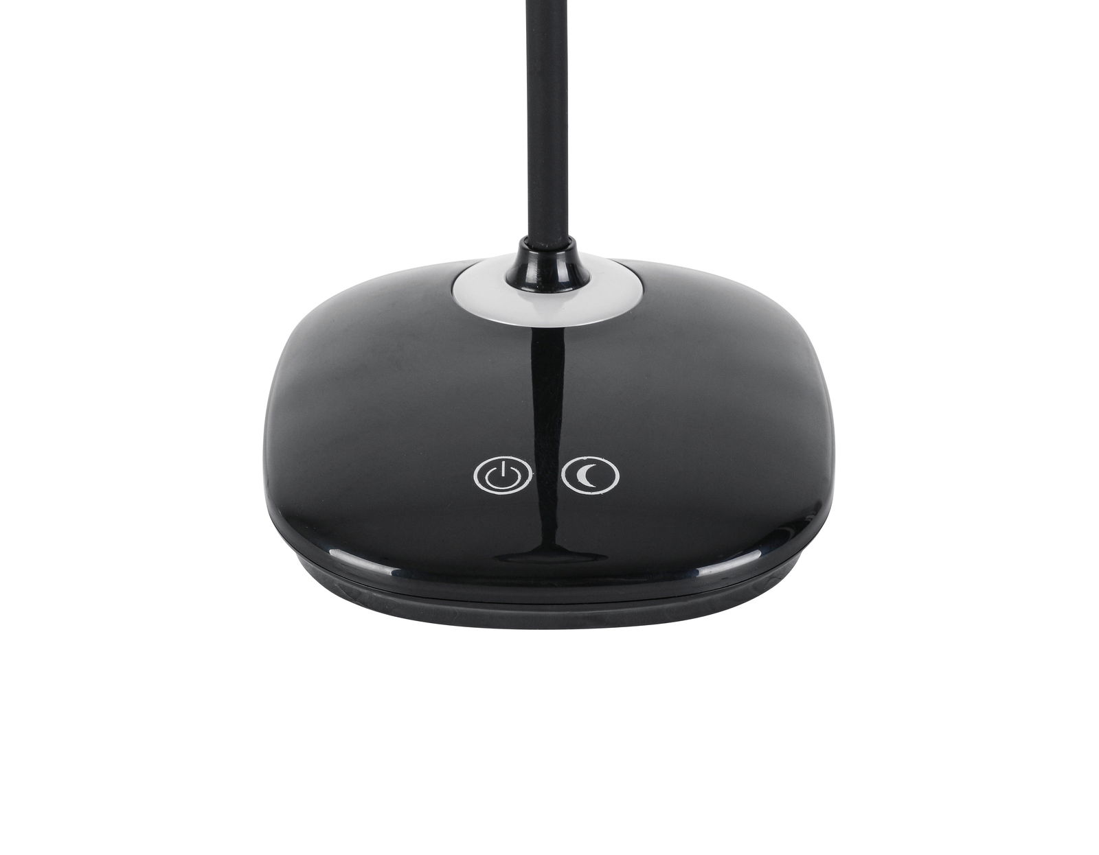 Nahaufnahme der Basis einer LED-Schreibtischleuchte mit Touch-Bedienelementen, von oben betrachtet.