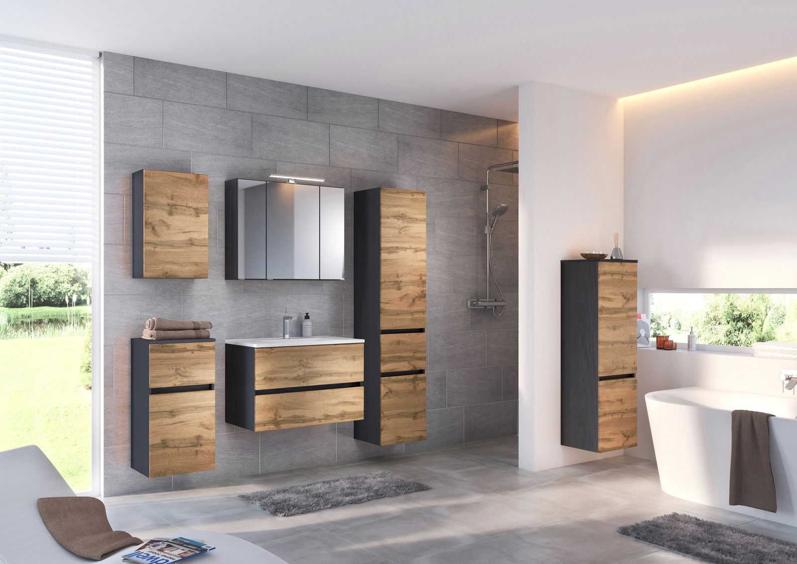 XORA Unterschrank LUCCA Moderne Badezimmermöbel mit Holz- und Dunkelakzenten, inklusive Unterschrank, aus der Perspektive eines hellen, geräumigen Badezimmers.