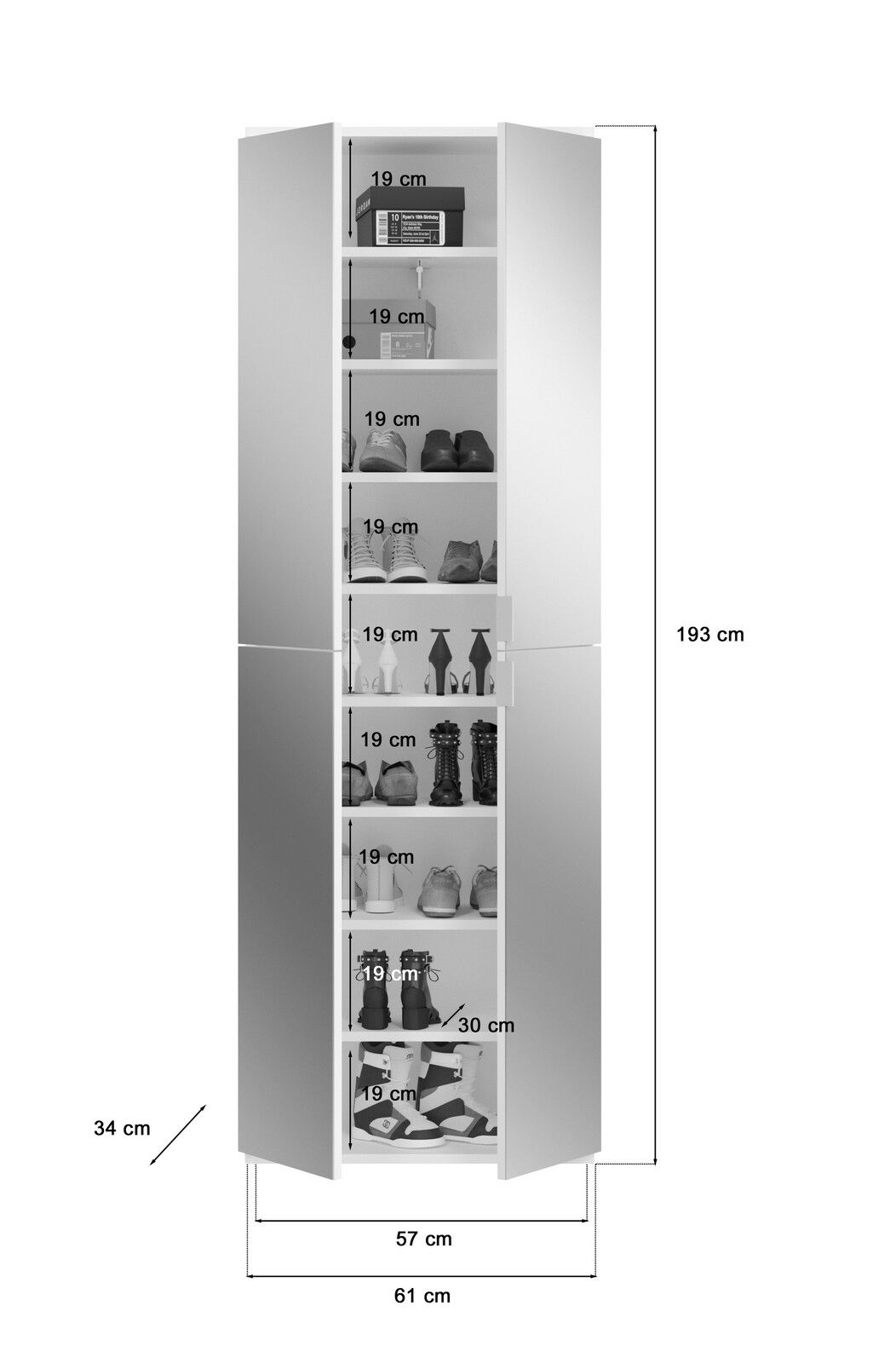 Garderobenkombination mit mehreren Fächern, gefüllt mit Schuhen und Accessoires, in Frontalansicht. Maße: 193 cm hoch, 61 cm breit, 34 cm tief.