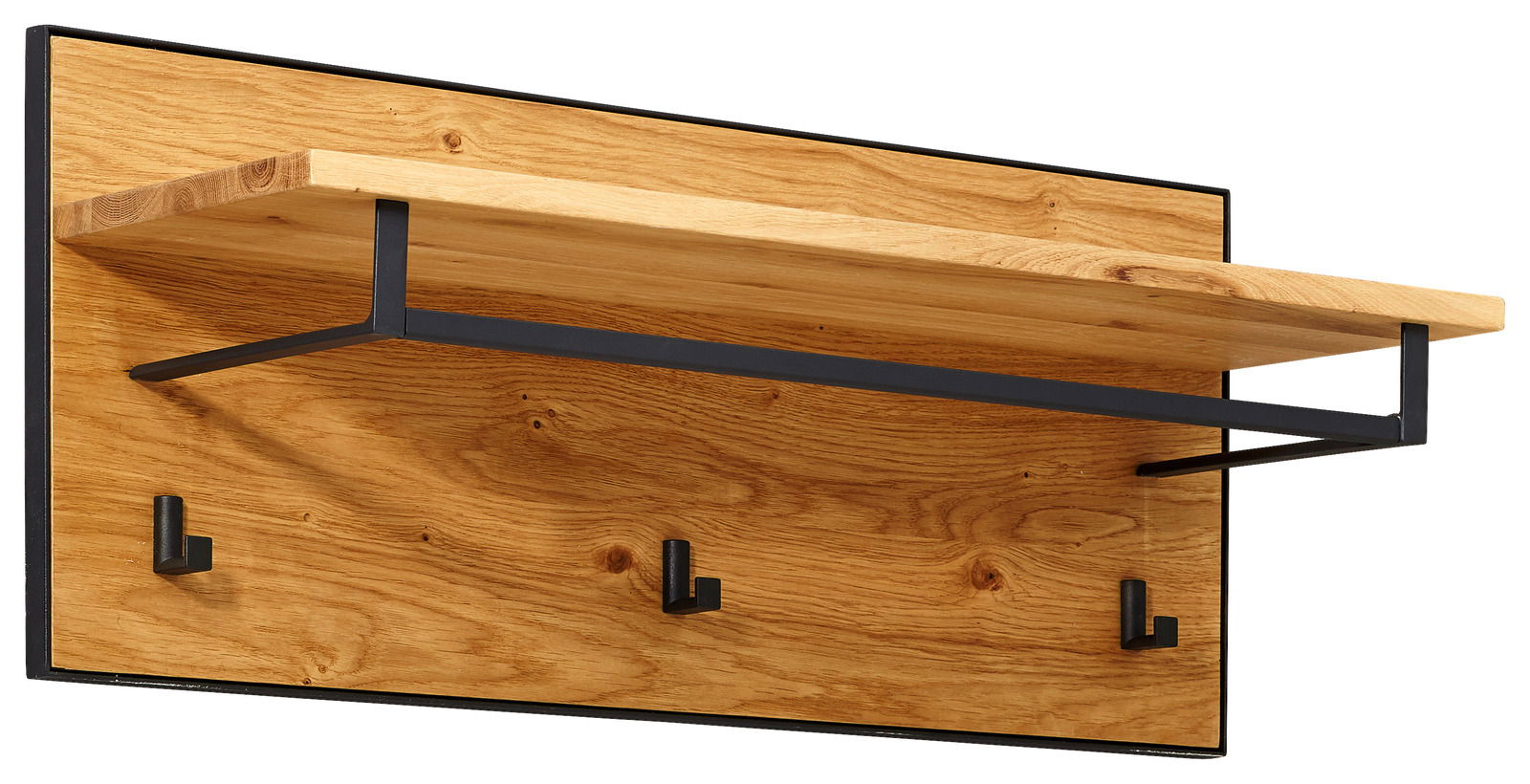 Garderobenpaneel aus Holz mit drei schwarzen Haken und einem Regalbrett, seitliche Perspektive