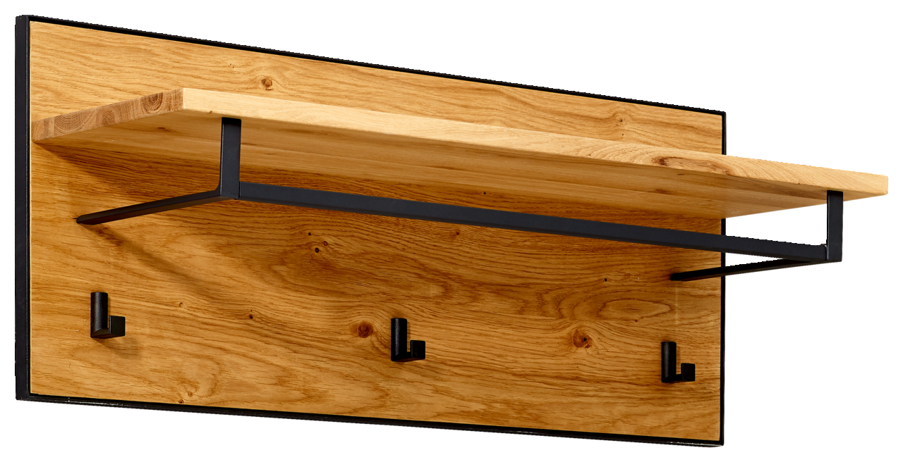 Linea Natura Garderobenpaneel kurz KELIO MAX Garderobenpaneel aus Holz mit drei schwarzen Haken und einem Regalbrett, seitliche Perspektive