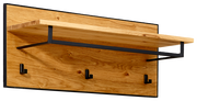 Garderobenpaneel aus Holz mit drei schwarzen Haken und einem Regalbrett, seitliche Perspektive