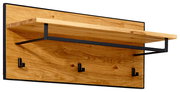 Garderobenpaneel aus Holz mit drei schwarzen Haken und einem Regalbrett, seitliche Perspektive