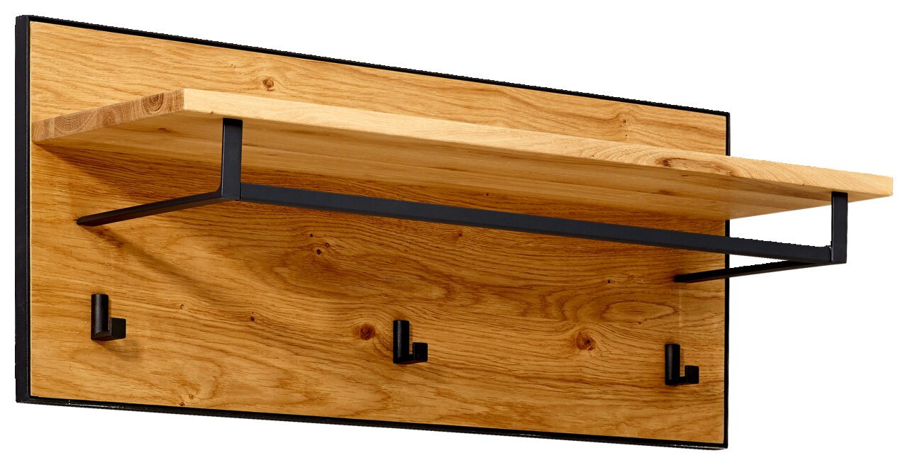 Garderobenpaneel aus Holz mit drei schwarzen Haken und einem Regalbrett, seitliche Perspektive