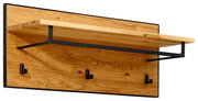 Garderobenpaneel aus Holz mit drei schwarzen Haken und einem Regalbrett, seitliche Perspektive