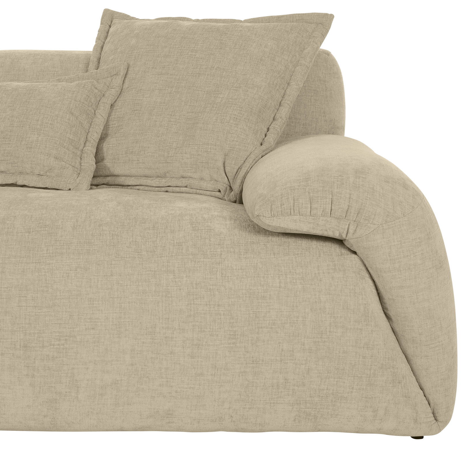 Beige Rundecke Sofa mit Kissen, seitliche Perspektive