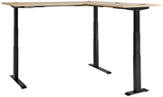 Moderner höhenverstellbarer Eckschreibtisch mit schwarzem Gestell und Holzplatte, seitliche Perspektive