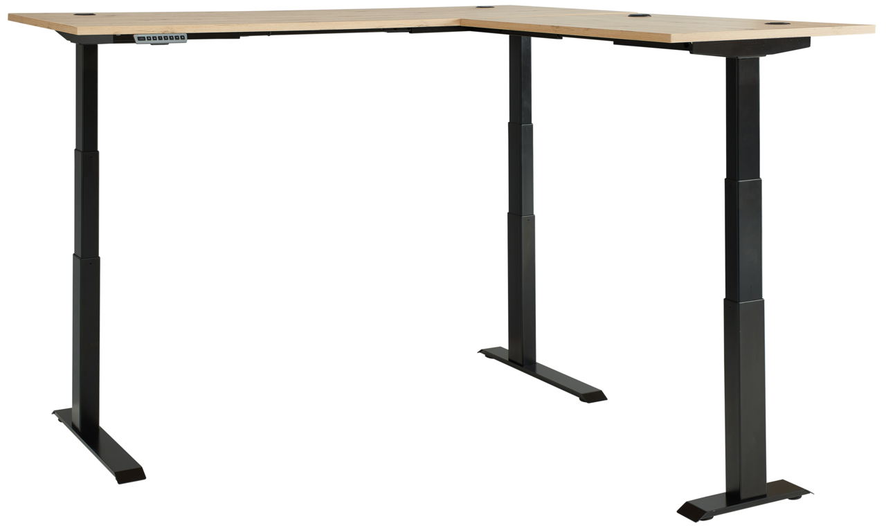 Moderner höhenverstellbarer Eckschreibtisch mit schwarzem Gestell und Holzplatte, seitliche Perspektive
