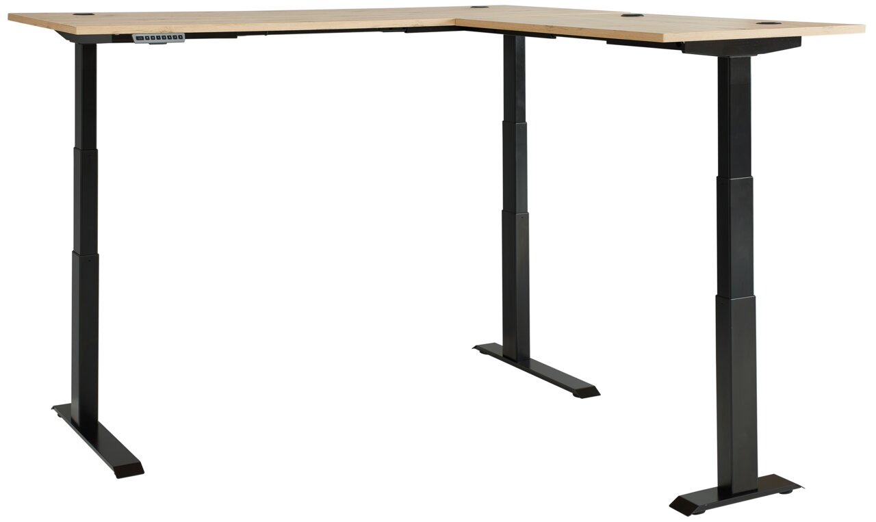 Moderner höhenverstellbarer Eckschreibtisch mit schwarzem Gestell und Holzplatte, seitliche Perspektive