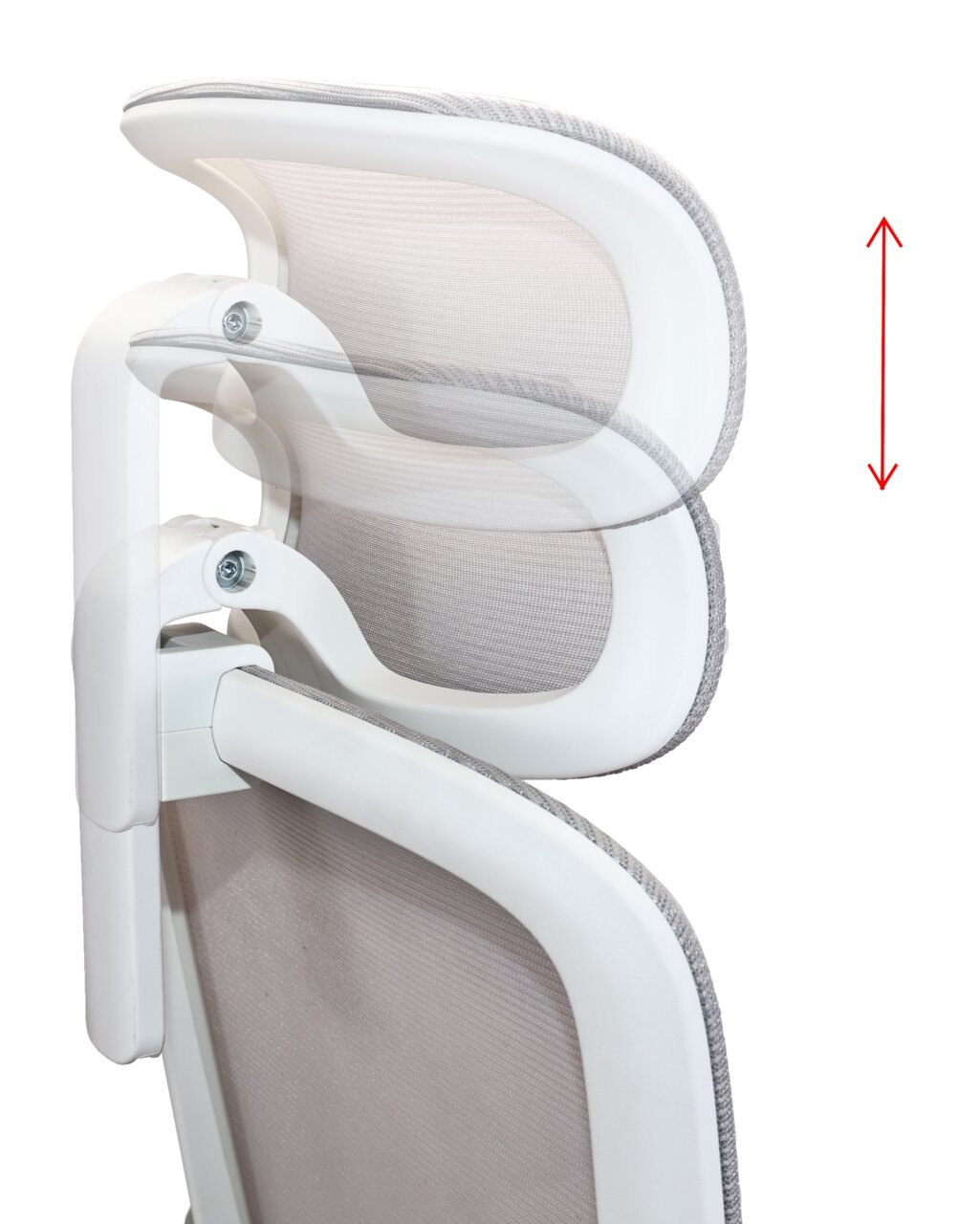 Rückansicht eines verstellbaren Drehstuhl-Kopfstütze in weißem Design mit Höhenverstellung.