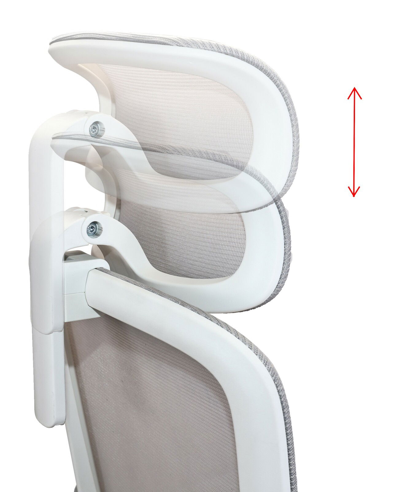 Rückansicht eines verstellbaren Drehstuhl-Kopfstütze in weißem Design mit Höhenverstellung.