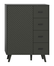 Schwarze Kommode mit vier Schubladen und einer Tür, Frontansicht