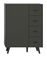 Schwarze Kommode mit vier Schubladen und einer Tür, Frontansicht