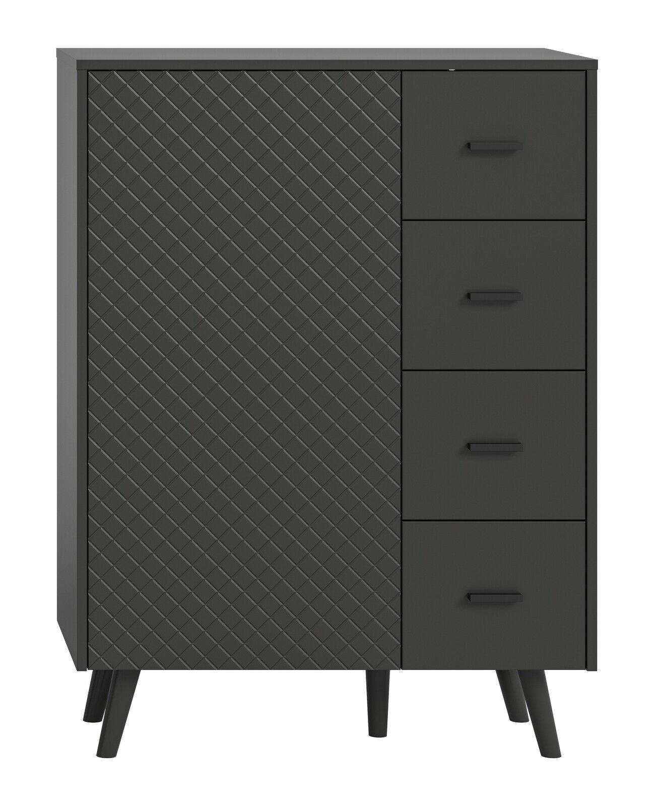 Schwarze Kommode mit vier Schubladen und einer Tür, Frontansicht