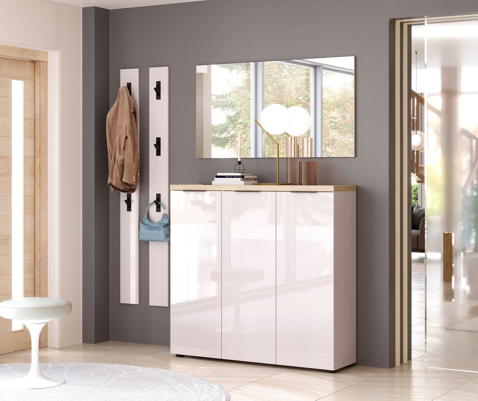 XORA XL-schoenenkast IDEA Moderner XL-Schuhschrank in Hochglanzoptik, frontal fotografiert, mit dekorativer Ablage und Spiegel im Hintergrund.