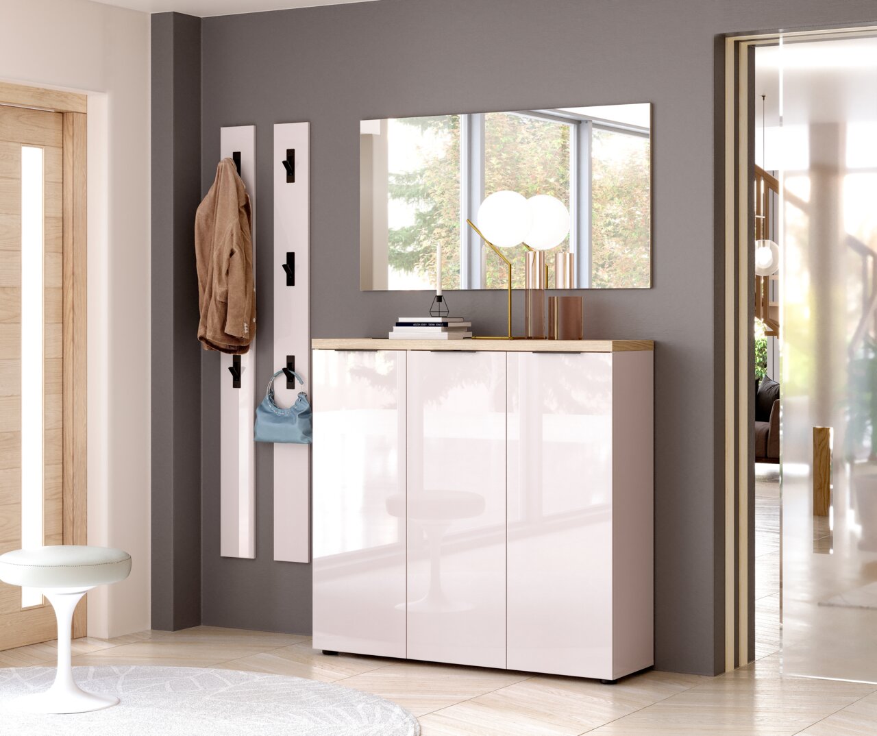 XORA XL-Schuhschrank IDEA Moderner XL-Schuhschrank in Hochglanzoptik, frontal fotografiert, mit dekorativer Ablage und Spiegel im Hintergrund.