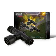 T-Verbinder für 3er-Satz, schwarze Kunststoffverbindung mit IP67 Schutz, perspektivische Ansicht von vorne.