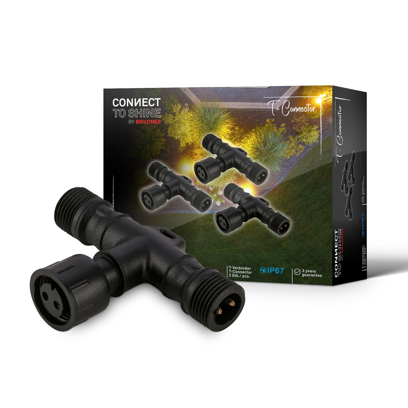 T-Verbinder für 3er-Satz, schwarze Kunststoffverbindung mit IP67 Schutz, perspektivische Ansicht von vorne.