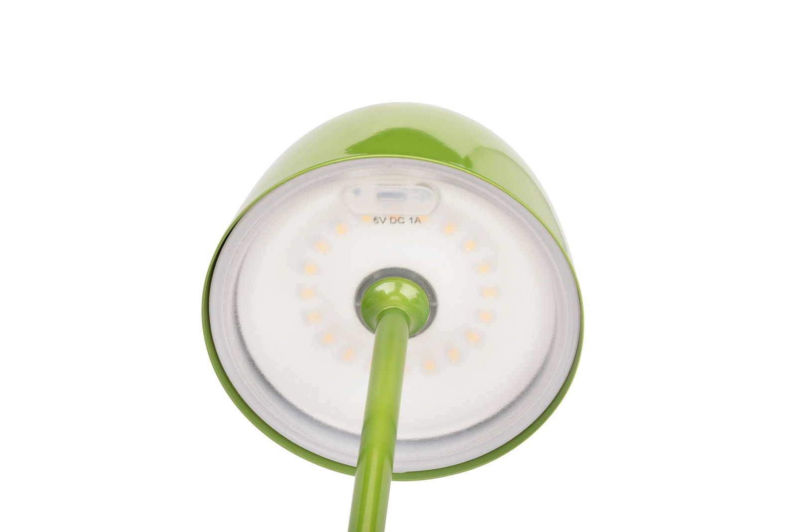 Grüne Akku-Tischleuchte von unten betrachtet, zeigt die LED-Anordnung und den Ladeanschluss.