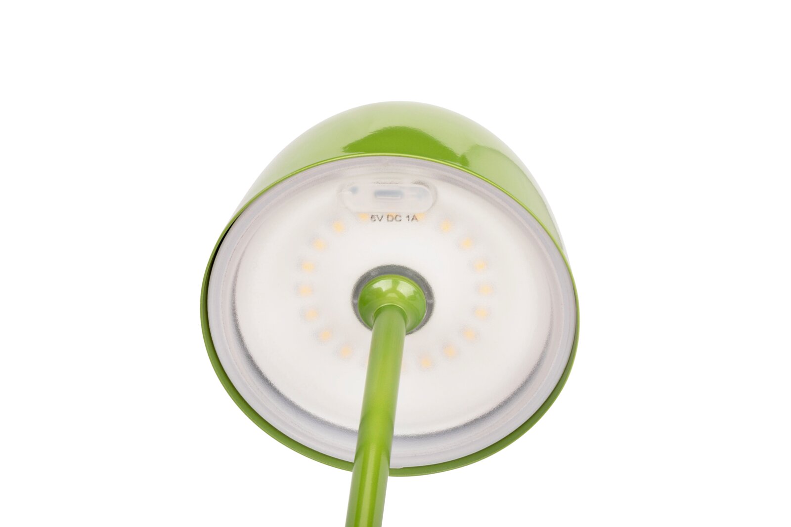 Groene accu-tafellamp, gezien van onderaf, met de led-opstelling en de oplaadaansluiting.