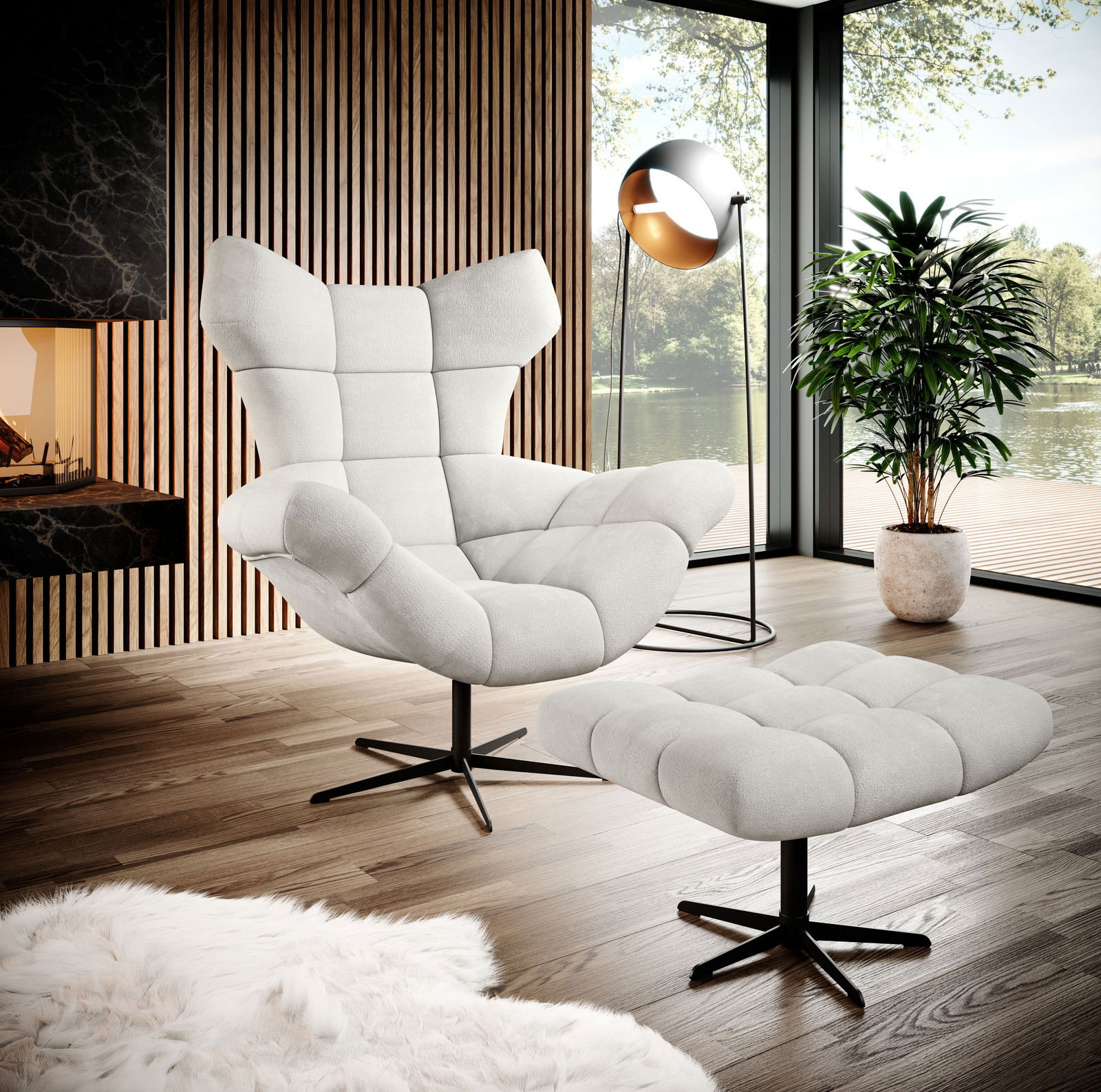 Moderner, gepolsterter Hocker in einem stilvollen Wohnzimmer mit Blick auf einen See. Der Hocker hat ein elegantes, schwarzes Metallgestell und ist in einem hellen Stoff bezogen. Perspektive von vorne.