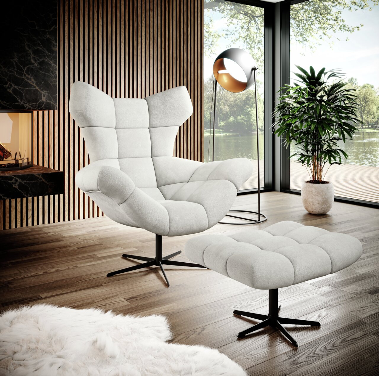 Moderner, gepolsterter Hocker in einem stilvollen Wohnzimmer mit Blick auf einen See. Der Hocker hat ein elegantes, schwarzes Metallgestell und ist in einem hellen Stoff bezogen. Perspektive von vorne.